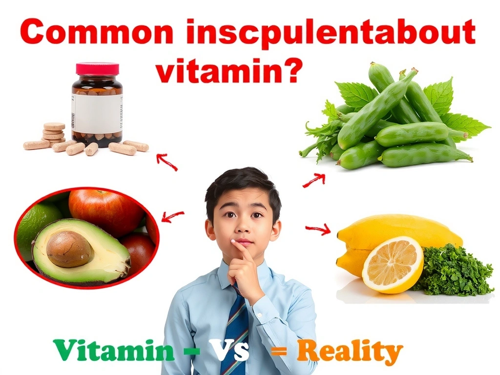 Person pondering over different types of vitamin supplements and natural foods, with question marks and thought bubbles, illustrating common misconceptions.
