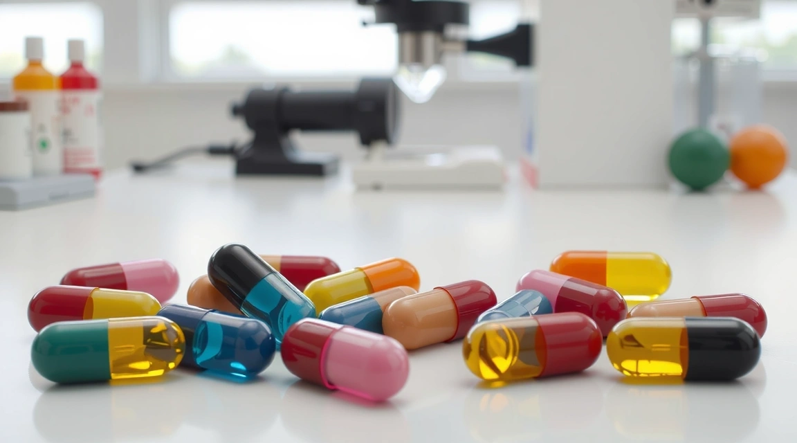 Vitamins B complex capsules in various colors, neatly arranged on a clean, white background, with scientific equipment in the soft-focus background.