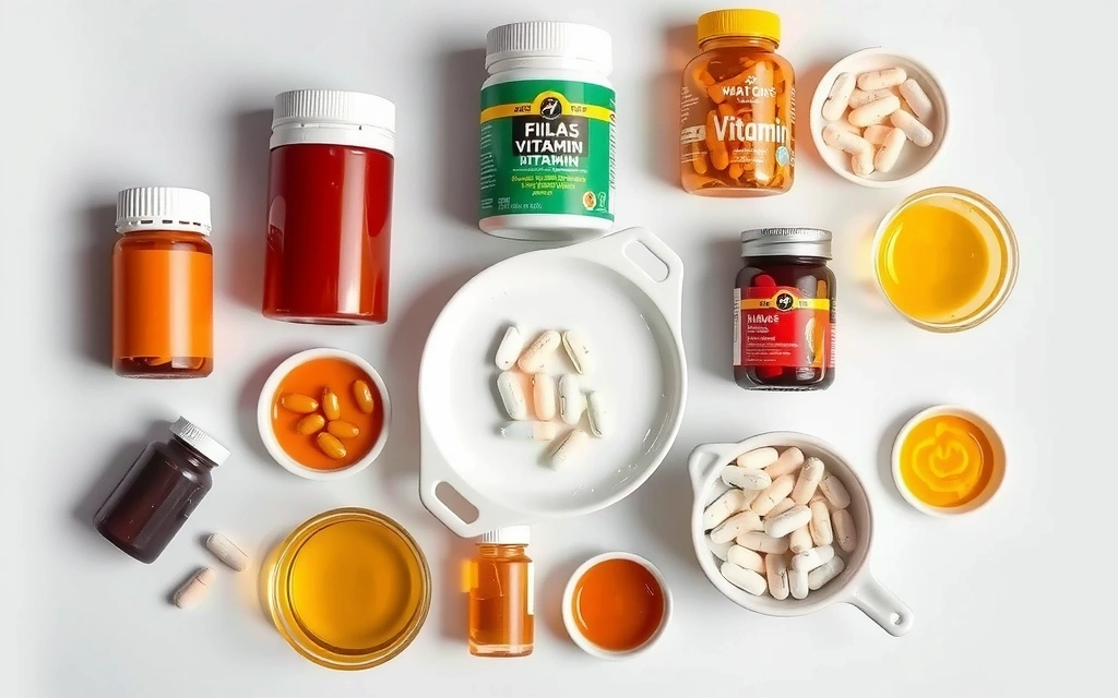 Διάφορα συμπληρώματα βιταμινών σε ένα καθαρό, μοντέρνο περιβάλλον, τονίζοντας την ποιότητα και την ποικιλία.