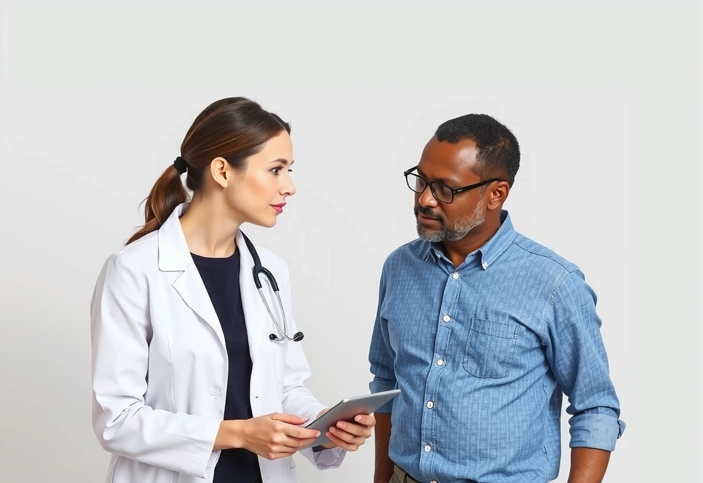 Εικόνα ενός ατόμου που συμβουλεύεται έναν επαγγελματία υγείας, τονίζοντας την εμπιστοσύνη και τη συμβουλή.