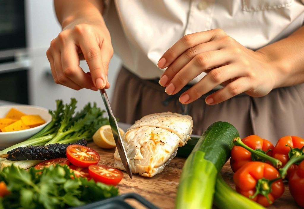 Γυναίκα που ετοιμάζει υγιεινό γεύμα με φρέσκα λαχανικά και ψάρι